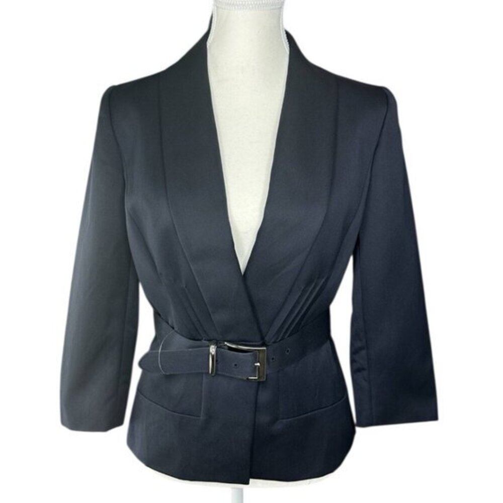 Tahari Arthur S‎ Levine Jocelyn Admiral Navy Tencel Wool Belted Blazer Jacket 4